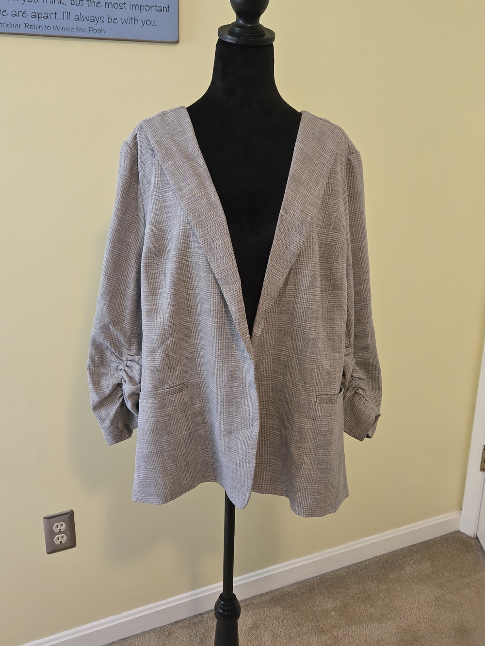 Skies Are Blue Plaid Open-Front Blazer in Gray and Taupe